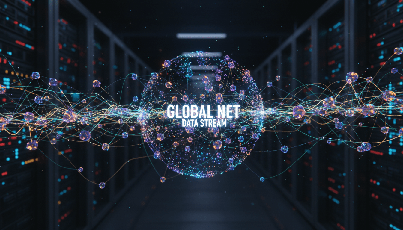 abstract network of connected nodes and data flow on dark server room background