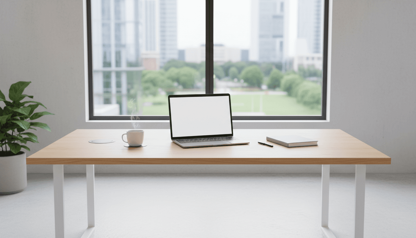 Clean modern desk with a laptop, notebook, and pen in a minimalist office setting