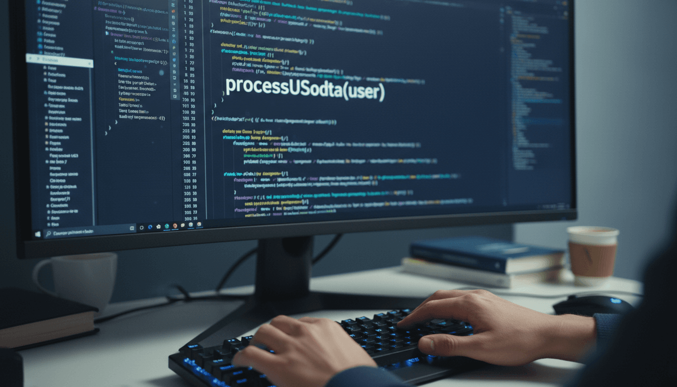 Close-up of hands typing on a keyboard with code on a monitor