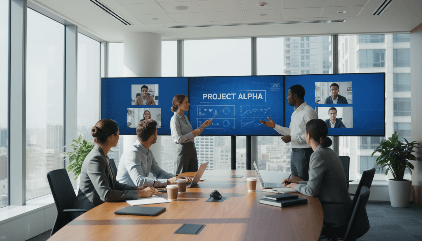 professional team collaborating in bright meeting room with large monitors on wall