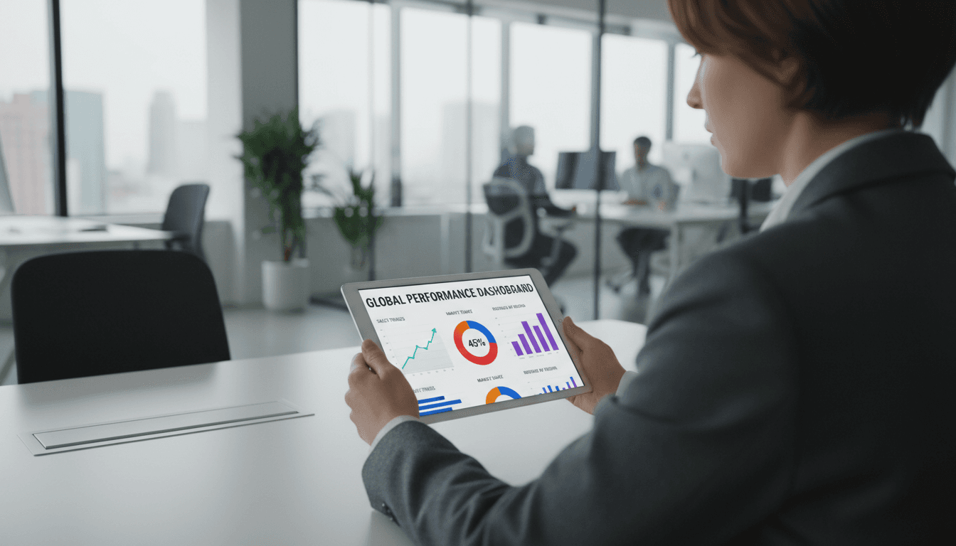 person using tablet to access dashboard interface with charts in modern office