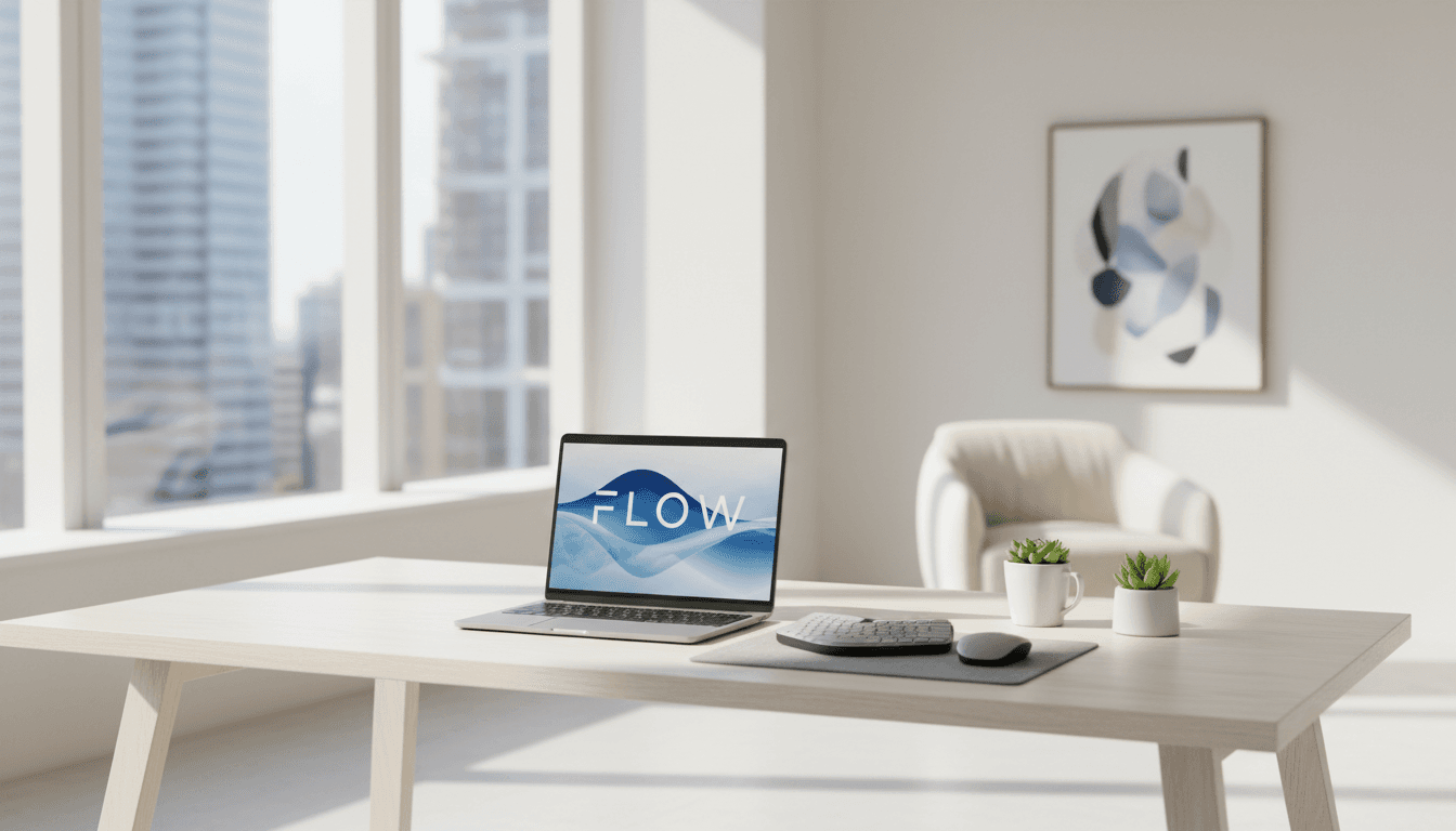 Modern minimalist digital workspace with laptop on a clean desk