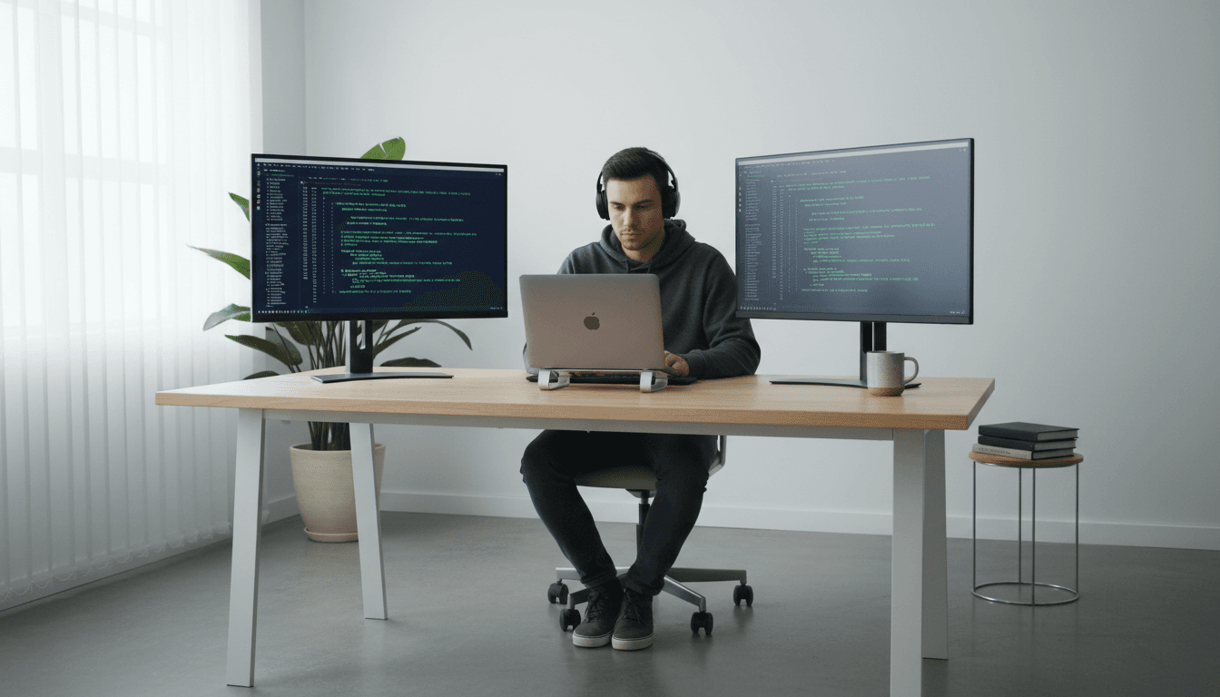 developer writing code on modern laptop with dual monitors in minimalist office