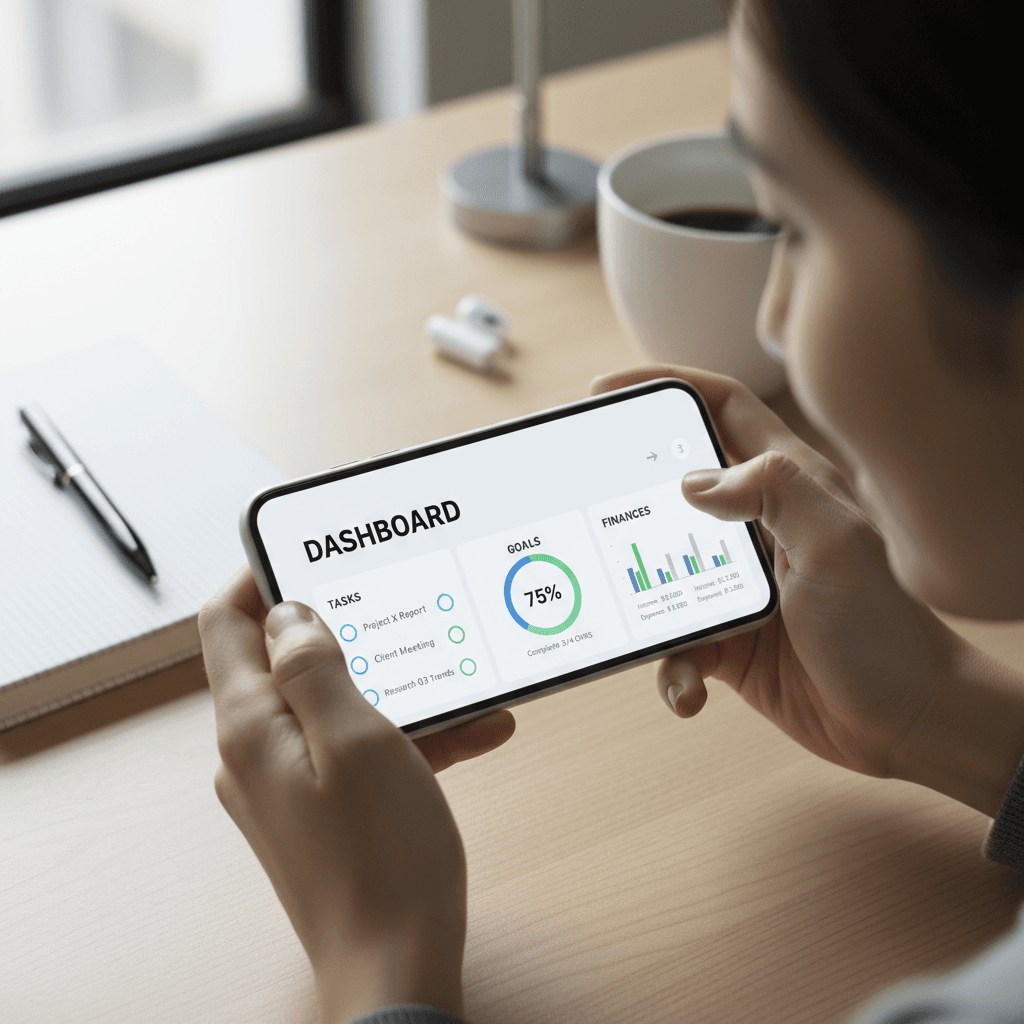Smartphone displaying mobile app interface in professional setting