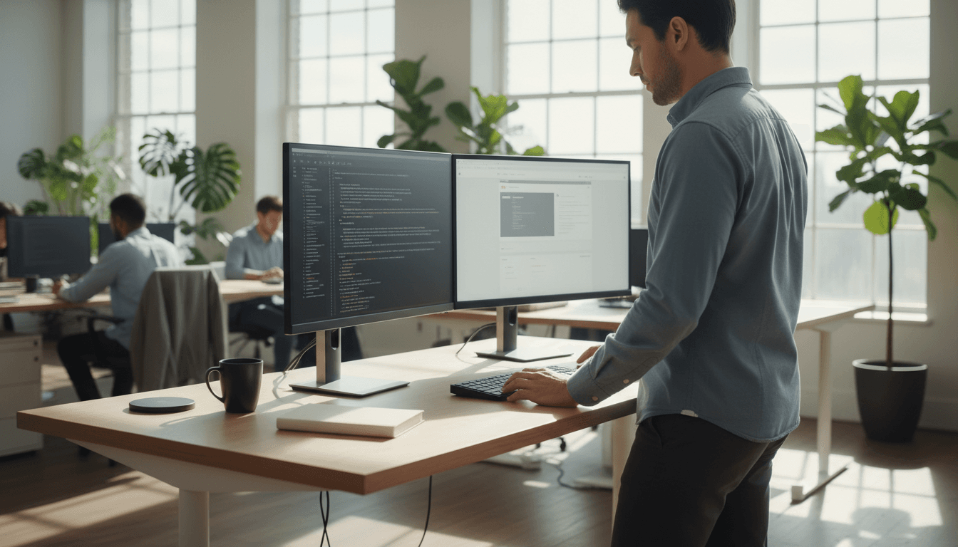 Developer working on web application code at clean desk